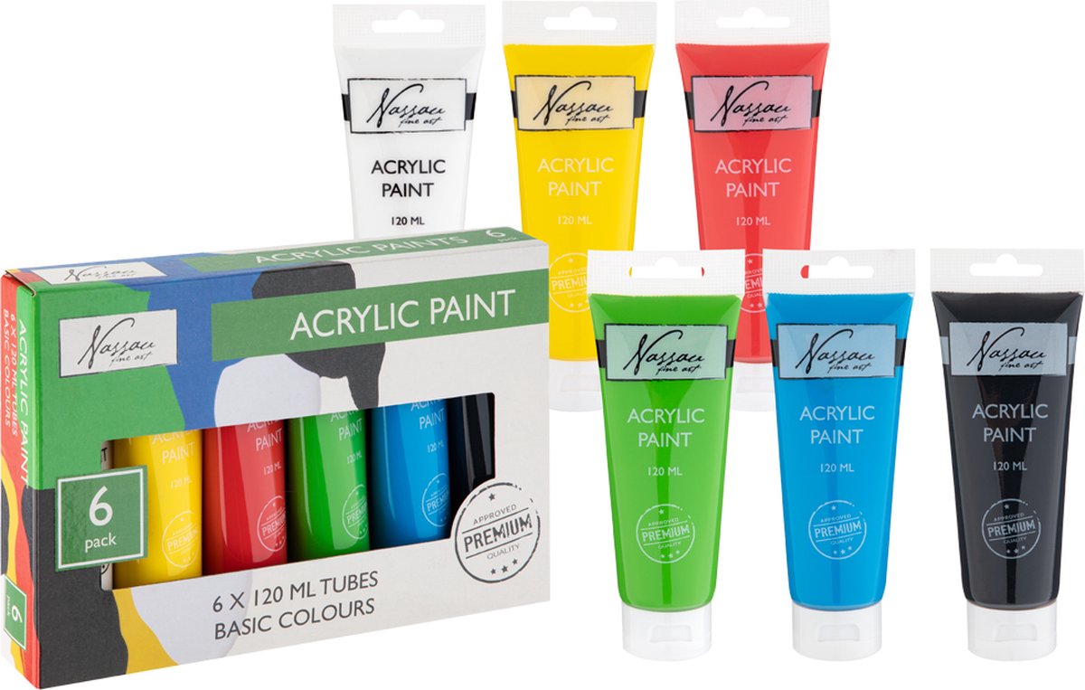 Nassau Fine Art Acrylverf set | 6 X 120 ML | verschillende kleuren acrylverf tubes | Schilderen voor kinderen & volwassenen